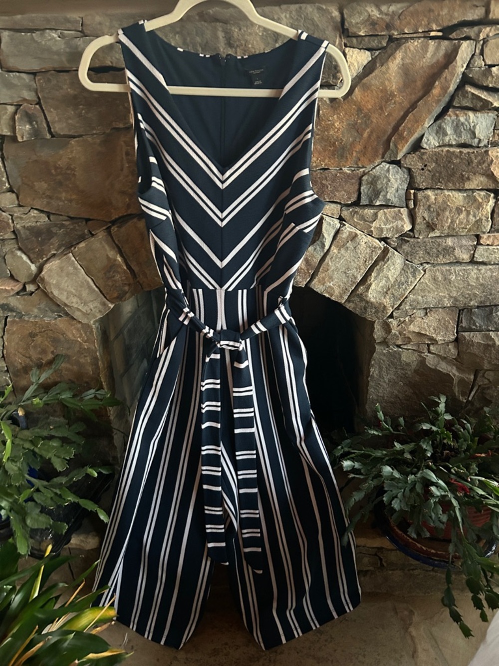 Ann Taylor Factory Large Navy & White Striped Sleeveless Jumpsuit with Tie Belt